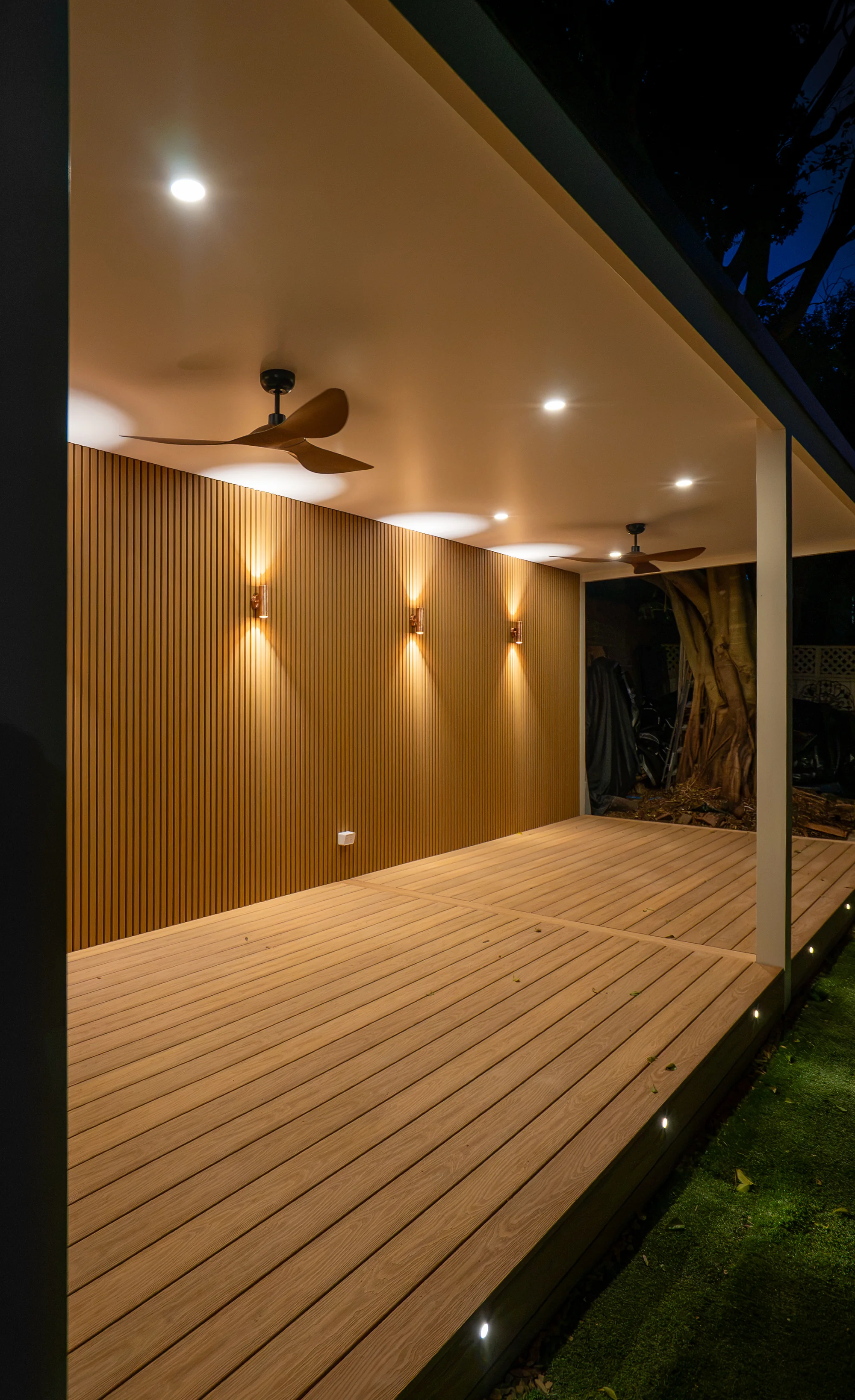 Deck and batten wall at night